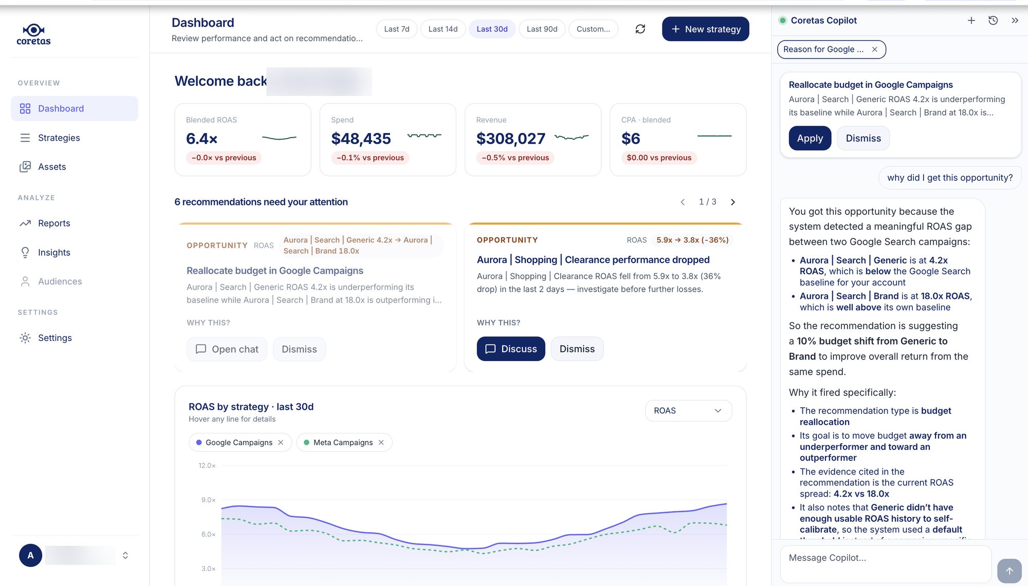 The Coretas dashboard: blended ROAS, spend and revenue across platforms, recommendations awaiting review, and the Coretas Copilot panel